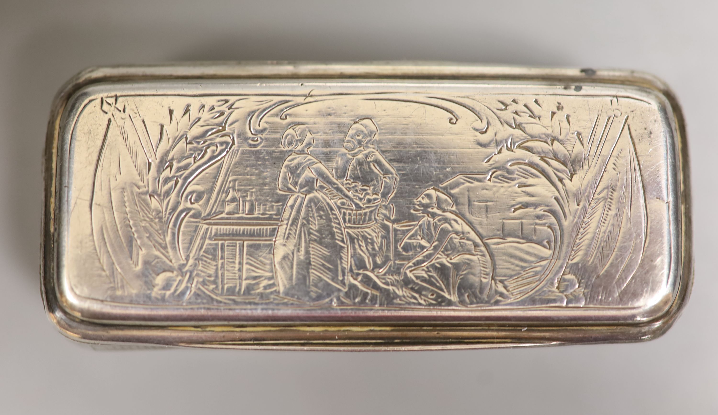 A George V silver cigarette case, 12.7 cm, a 900 standard white metal snuff box and five silver teaspoons..